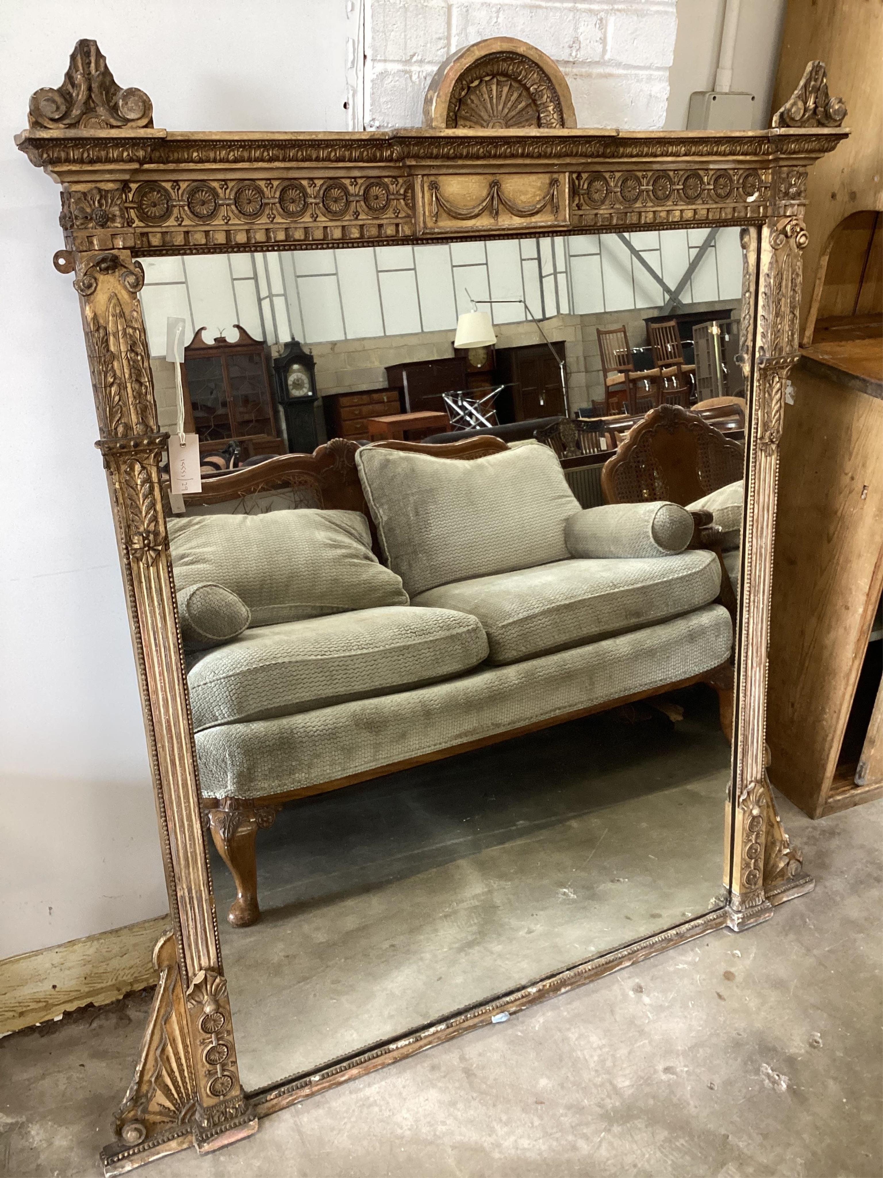 A Victorian giltwood and composition oak overmantel mirror, width 113cm, height 142cm. Condition - poor to fair